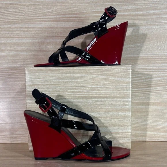 Stuart Weitzman Black Patent Leather Red Wedge Sandals Size 8.5M - Picture 2 of 12